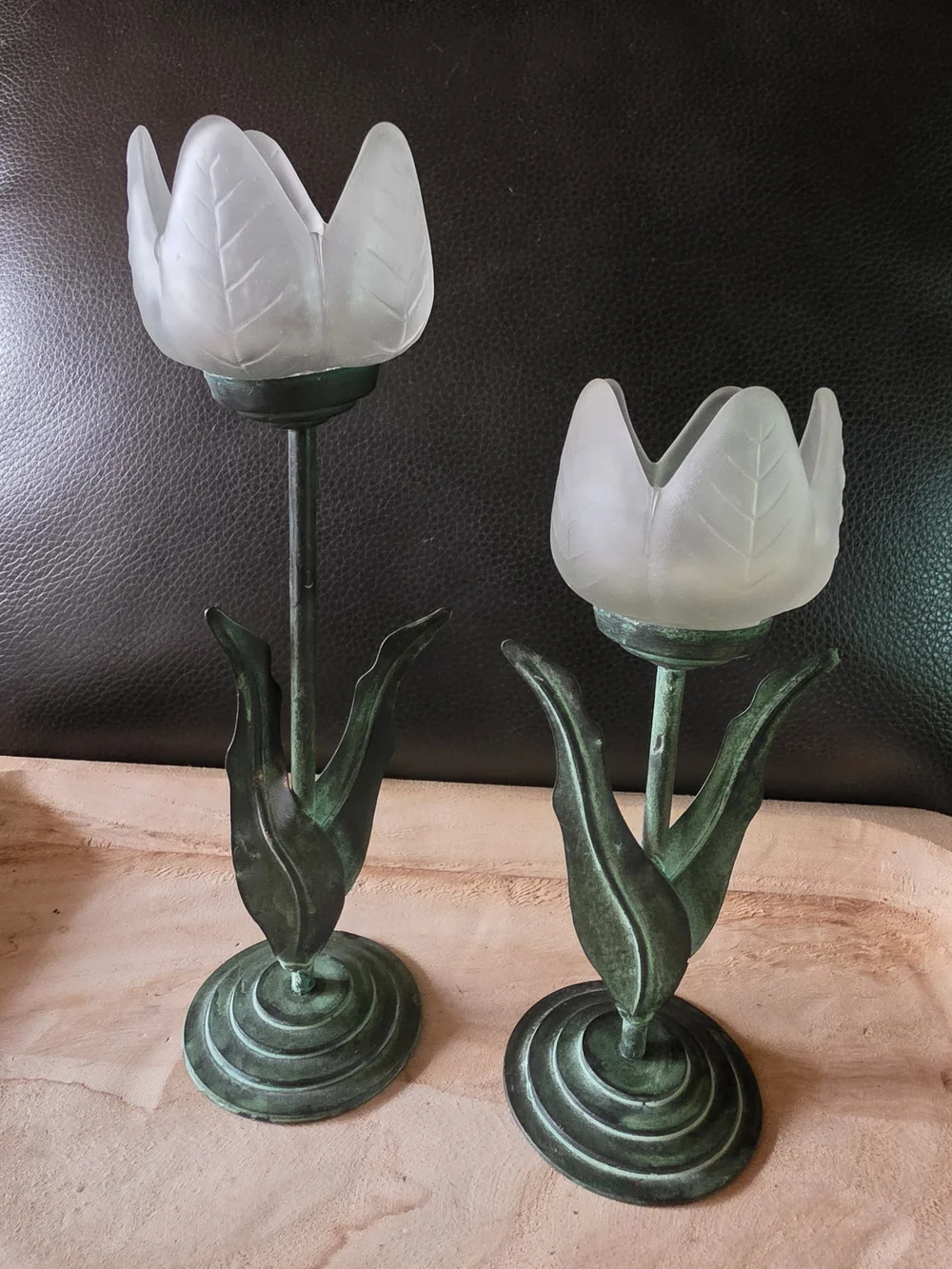 Glass Tulip Candle Holders in Frosted White and Patina Green - Home Accents